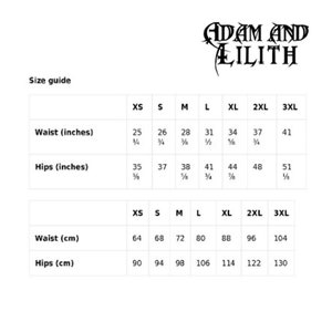 May include: Size chart for clothing in inches and centimeters. The chart shows sizes XS through 3XL with measurements for waist and hips.