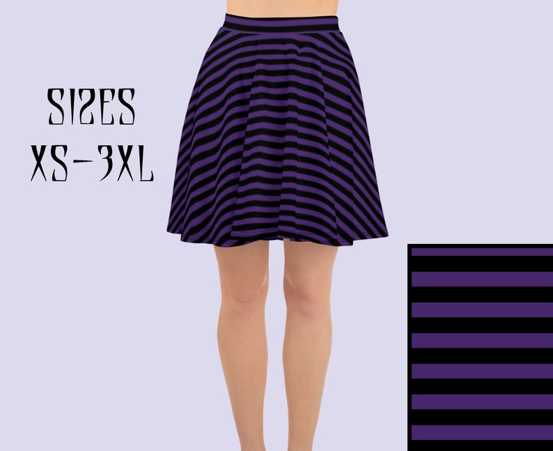 May include: Purple and black striped skater skirt with a flared silhouette. Sizes XS-3XL.