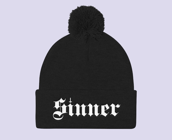 SINNER black Pom Pom hat|Black Gothic hat|Goth beanie with pom pom|Nu Goth hat|Goth winter hat|Trasher hat|Pagan Emo clothing|Gothic clothes