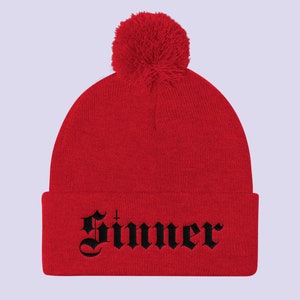 SINNER red beanie with pom pom|Goth beanie|Gothic beanie|Goth cap|Goth winter hat|Nu Goth hat|Gothic hat|Gothic clothes|Pom Pom hat