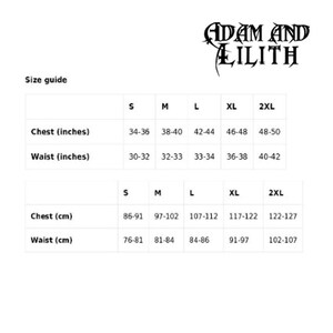 May include: Size chart for clothing in inches and centimeters. The chart shows sizes S, M, L, XL, and 2XL with corresponding chest and waist measurements.