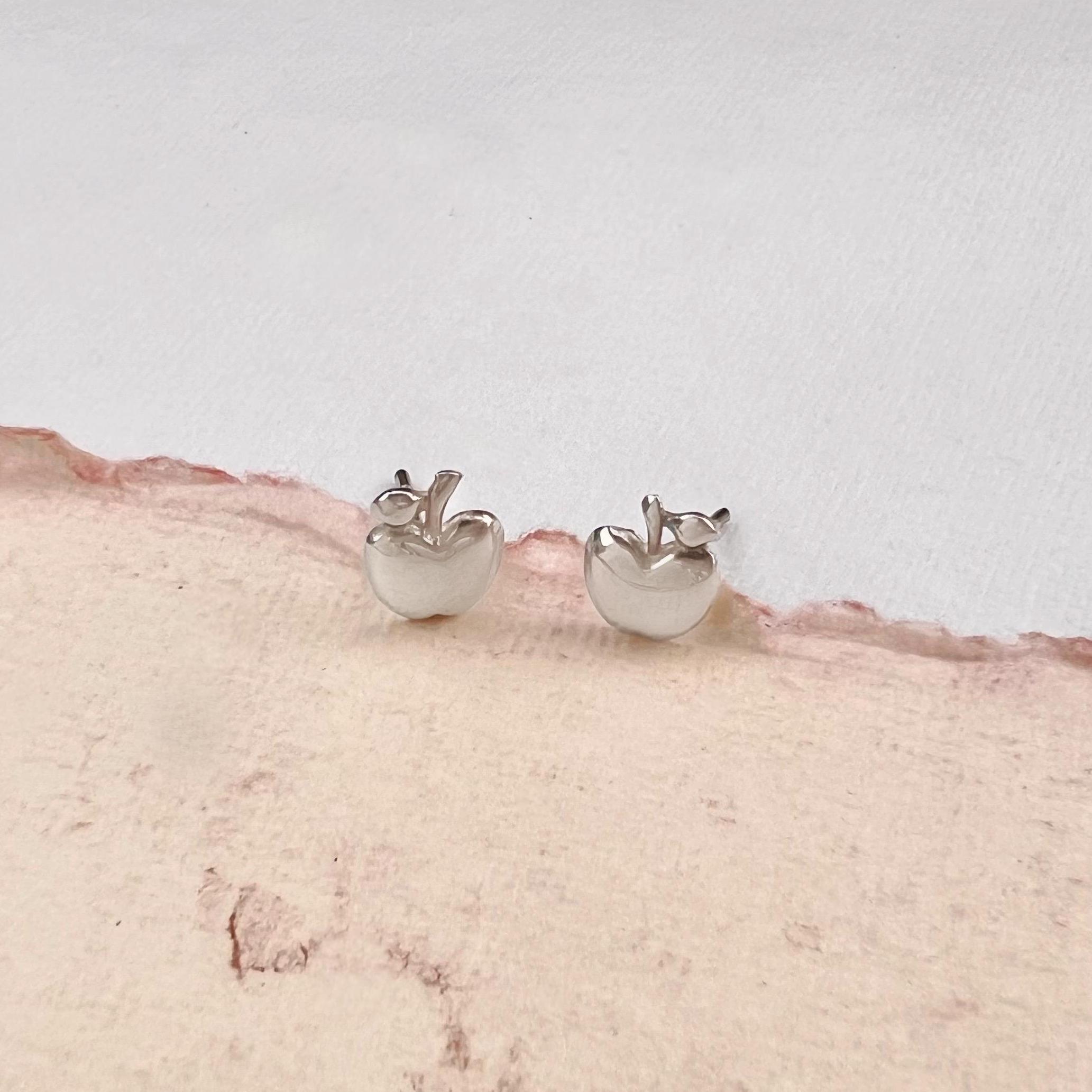 Pendientes de botón de plata con forma de manzana, plata de ley maciza 925