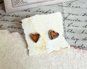 Sterling Silver Cognac Amber Heart Stud Earrings | Natural Baltic Amber Post Earrings | Minimalist Everyday Jewelry | 925 Sterling Silver
