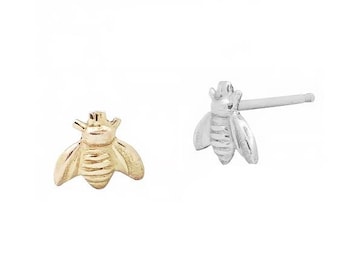 Pendientes de abeja de oro macizo de 14 k o plata esterlina, pendientes minimalistas, oro macizo de 14 k, plata esterlina maciza 925, pendientes minimalistas tipo botón