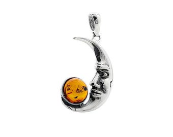 Baltic Amber Moon Pendant: Sterling Silver Celestial Jewelry