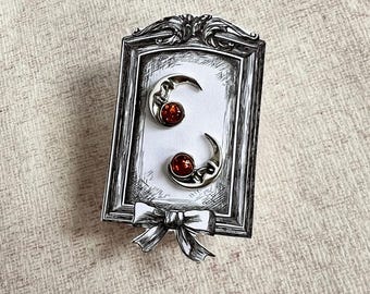 Sterling Silver Crescent Moon Face Earring with Natural Baltic Amber  • Whimsical Celestial Jewelry