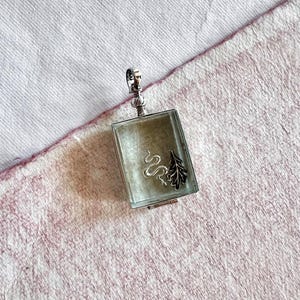 May include: A rectangular pendant with a silver frame and a clear, greenish centre. Inside, a silver snake and leaf design are visible. The pendant has a small loop at the top for a chain.