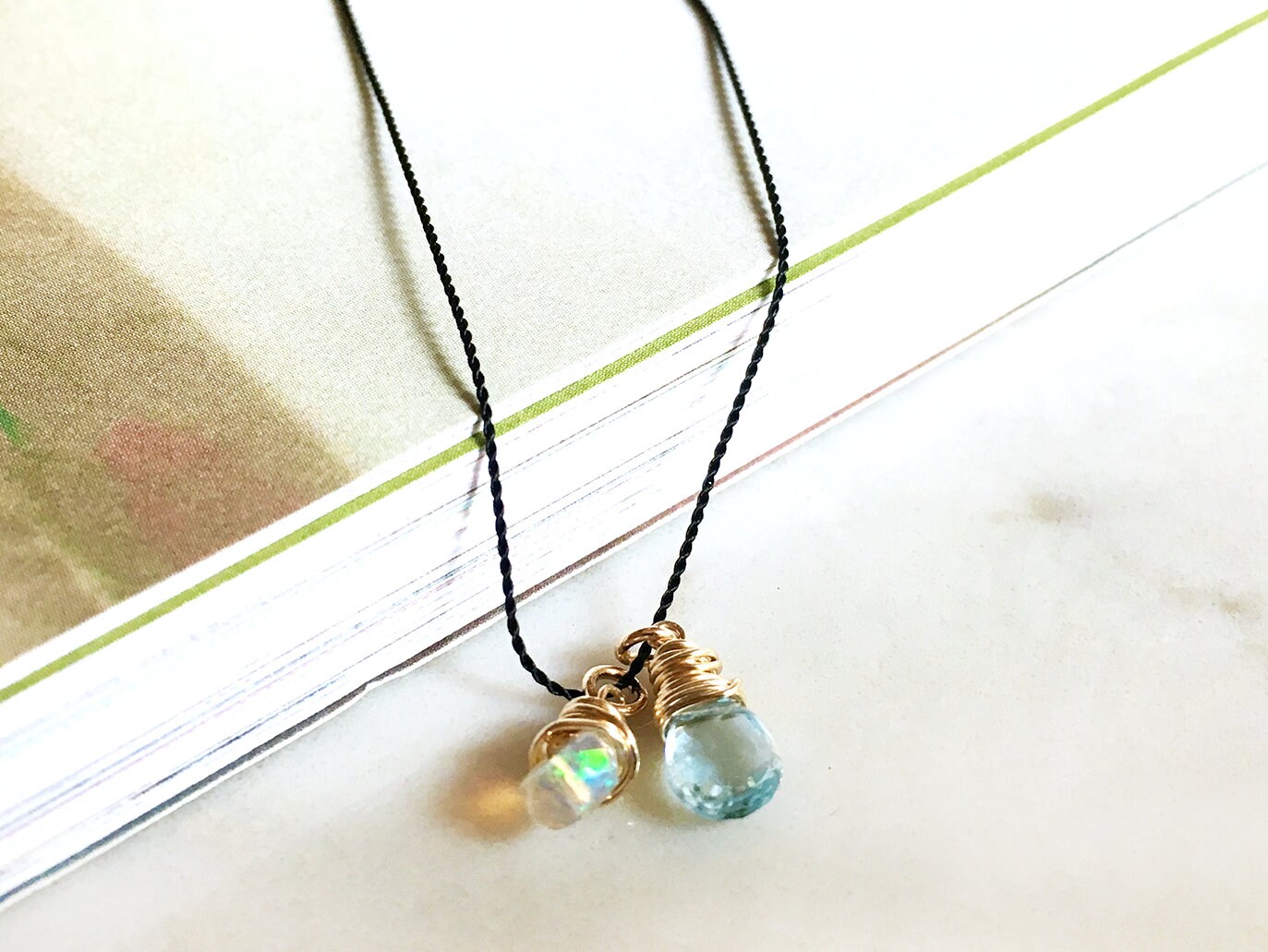 Opal and Blue Topaz Charm Necklace Dainty Necklace Natural | Etsy