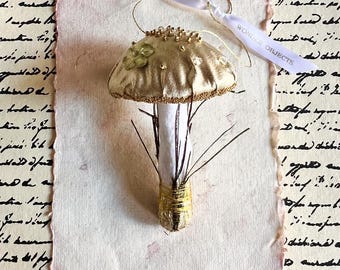 Golden Mushroom Ornament with Peacock Feather, Swarovski Crystals and Golden Beads