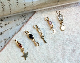 14k Gold Gemstone Talisman Charm | White Topaz, Garnet, Black Onyx & Amethyst Pendant Charm | Celestial Sun Moon Star Key Charm