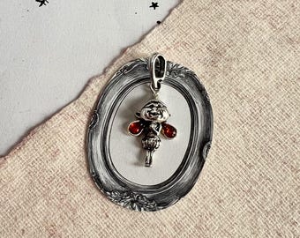 Woodland Fairy Pendant with Amber Wings, Solid 925 Sterling Silver, Genuine Baltic Amber