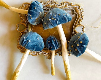 Velvet Mushroom Ornaments with Swarovski Crystal and Golden Bead Accent | Woodland Decor