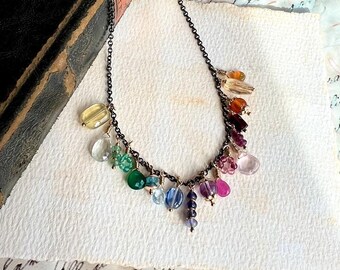 Multi Gemstone Charm Necklace, Gold-Filled and Sterling Silver, Genuine Vibrant Gemstones