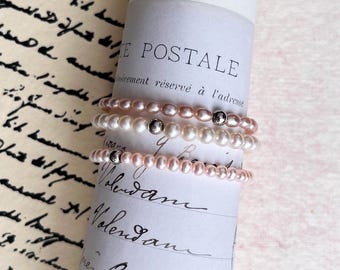 Freshwater Pearl and Silver Stretch Bracelets, Solid Sterling Silver, Genuine Pearl Jewelry, Beaded Bracelet