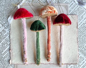 Handmade Velvet Mushroom Ornament with Velvet Stem, Whimsical Woodland Decor, Fairy Tale Christmas Ornament
