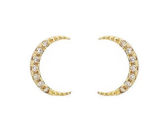 Pendientes de luna de oro de 14 k y diamantes auténticos, oro amarillo macizo de 14 k, diamantes naturales