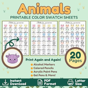 May include: Three printable color swatch sheets titled Animals featuring rows of small animal face outlines with blank lines for color testing. Text includes Print Again and Again, 20 Pages, Instant Download, PDF Format, and Letter Size.