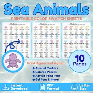 May include: Three printable color swatch sheets titled Sea Animals featuring Ohuhu 36 color charts with small turtle illustrations. Includes a large purple turtle graphic, 10 pages text, and icons for markers, pencils, and pens. Instant download PDF format.