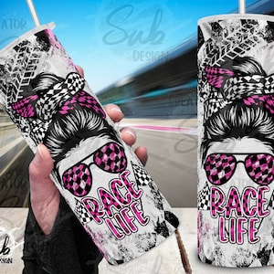 Race Life Becher Png, Racing Frauen png, rosa karierte Flagge Wrap, 20 Unzen Skinny Becher Sublimation, Racing Becher für Muttertagsgeschenk