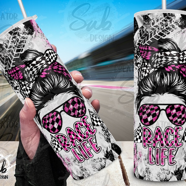 Race Life Tumbler Png, Racing Women png, Pink Checkered Flag Wrap, 20oz Skinny Tumbler Sublimation, Racing Tumbler for Mother's Day Gift