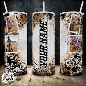 Dirt Bike Racing Tumbler, Fotorahmen Tumbler, Checkered Flagge PNG, Dirt Tracks PNG Wrap, Geschenk des Vatertags für Rennvater