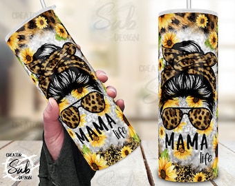 Cheetah Sunflower Mama PNG, Leopard Mom Bun Tumbler, Blossom Flower Print Wrap, Leopard Mama 20oz Skinny Tumbler wrap, Mother day gift