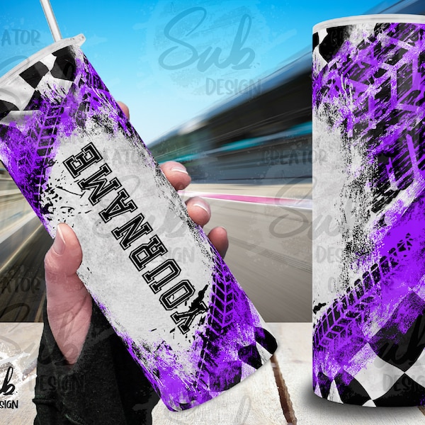 Racing Women Tumbler Png, Purple Checkered Flag Wrap, Gift for Biker Girl, 20oz Skinny Sublimation, Blank for Your Name, Sport Racing Fan