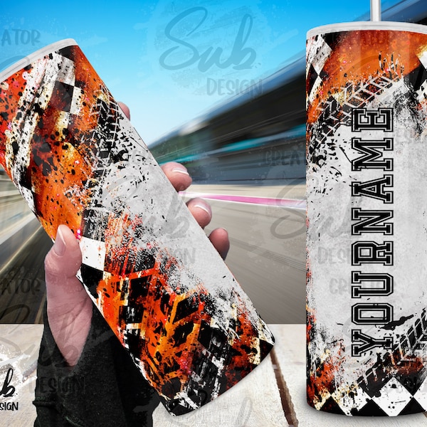 Checkered Orange Flag Tumbler Png, Dirt Track Racing 20oz Skinny Sublimation, Distressed Tire Track Print Wtap, Father's Day Gift for Dad