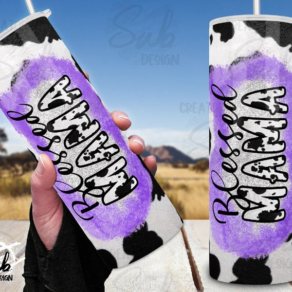 Blessed Mama Cow Print PNG, Purple Glitter Print Wrap, Women Farmer Tumbler PNG, 20 oz Cow Pattern Skinny Tumbler png Sublimation Design,