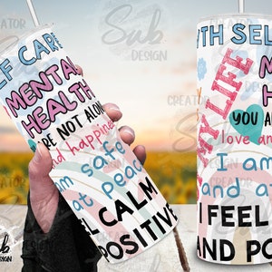 Vaso de mente positiva, envoltura de citas de salud mental, vaso de pensamientos inspiradores, vaso flaco de 20 oz, sublimación PNG