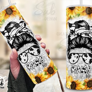 Cow Sunflower Mama Tumbler Png, Wrap imprimé vache tournesol, Mama 20oz Skinny Print, cadeau de fête des mères pour les amoureux des plantes et jardinier.