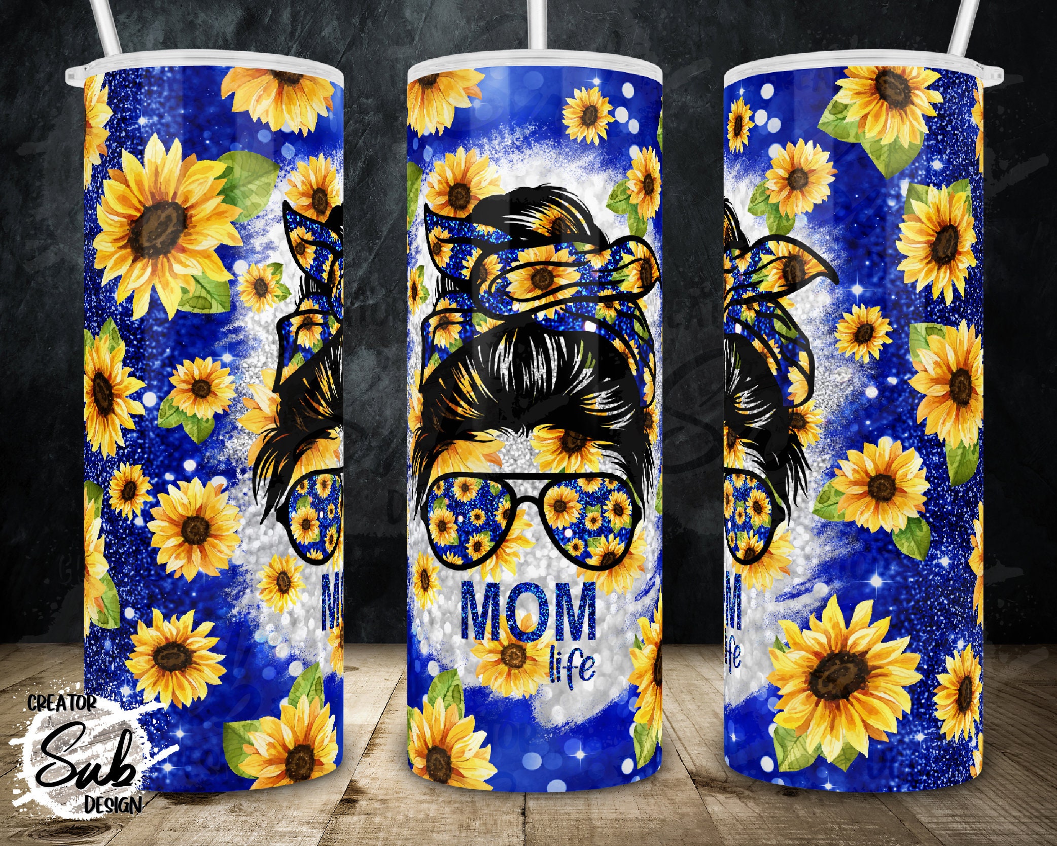 Sunflower Mom Life Tumbler Royal Blue Glitter Print Flower Etsy UK