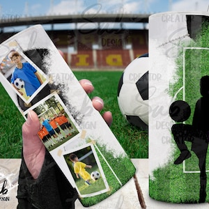 Envoltório de copo para fã de futebol, design de copo com foto, copo personalizado, adicione seu nome, filho no dia do nascimento e jogador infantil, equipamento de time de futebol