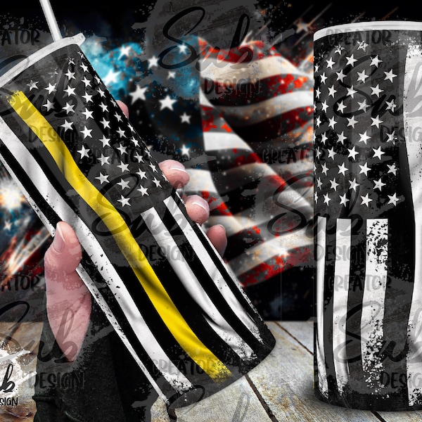 Dispatcher Yellow Striped, Thin Yellow Line, 20oz Skinny Tumbler PNG, American Flag PNG, Patriotic Tumbler, Gift for Dad, Digital Download,