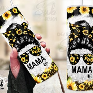 Sunflower mama life png Black Sunflower skinny Tumbler Mom Bun Hair Sublimation Designs Sunflower Mom print template Skinny Tumbler 20oz