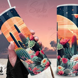 Western Landscape Sunset Tumbler, Desert Cactus Succulent Png, Women Tumbler Mother&#39;s Day Gift Idea, 20oz Skinny Tumbler