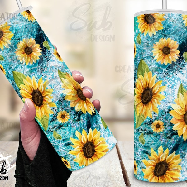 Sunflower Turquoise PNG Tumbler, Turquoise Stone Print Wrap, Blossom Floral Png Design, Green Marble Png, 20oz Skinny Sublimation Design