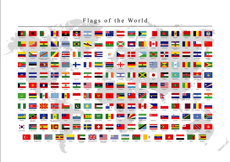 Flags of the World Map Wall Art Prints Posters 197 Countries - Etsy UK