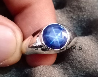Diamond & Blue Star Sapphire Ring Sterling Silver or Yellow Gold Plated Silver Band Diamond & Blue Star Sapphire Ring Sterling Silver or Yellow Gold Plated Silver Band