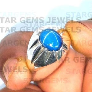 Blue Star Sapphire Men&#39;s Ring, 6 Rays Star Sapphire Ring, 925 Sterling Silver Ring, Men Statement Ring, Wedding Anniversary Gift For Men