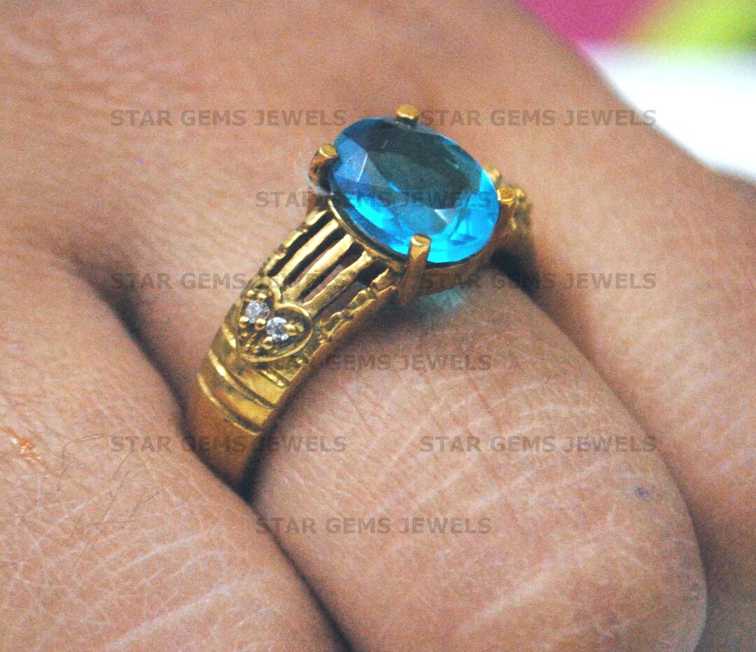 Oval Cut Swiss Blue Topaz Ring, 14K Solid 925 Sterling Silver Gold ...