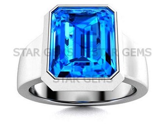 Swiss Blue Topaz Men's Gemstone Ring, 925 Sterling Silver Wedding Ring, Birthday Gift, Art Deco Satement Ring, Engraving Personalised Gifts