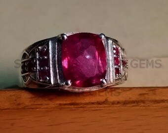 Anillo de rubí natural para hombre, plata de ley 925 maciza, rubí de talla cojín, regalo de aniversario de boda.