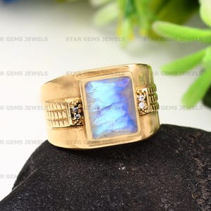 Rainbow Moonstone Men's Ring, 14k Gold Plated Silver Ring, Wedding Engagement Ring, AA Quality Moonstone Ring, Men Personalized Gift For Him