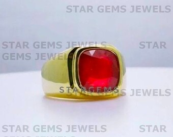 Natural Ruby Men's Gemstone Ring, 14k Gold Plated Silver Ring, AAA Quality Ruby July Birthstone Ring, Wedding Anniversary Gift For Him