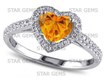 Genuine Citrine and CZ Halo Ring in 925 Sterling Silver Ring, Natural Citrine Stone Ring, Statement Rings, Wedding Band Ring, 3-15 US Size