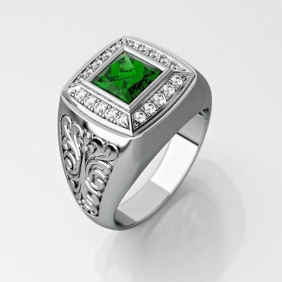 Green Emerald Ring for Men, Wedding Promise Ring, 925 Sterling