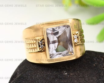 Anillo de topacio blanco para hombre, anillo de compromiso, anillo de plata chapado en oro de 14k con topacio blanco, anillo de regalo de aniversario o cumpleaños, regalos personalizados.