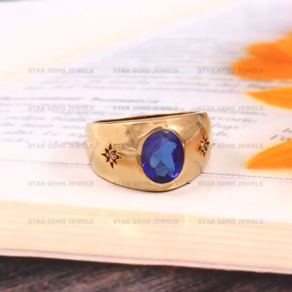Natural Sapphire Men Ring 14k Gold Plated Silver Gents Ring, Blue Sapphire Designer Ring, December Birthstone Promise Ring