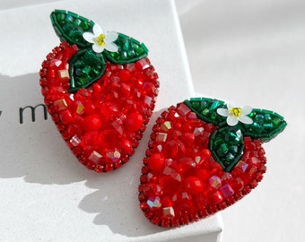 Strawberry Earrings, Beaded Cute Fruit Earrings, Handmade Earrings for Women, Stainless Steel Studs Earrings